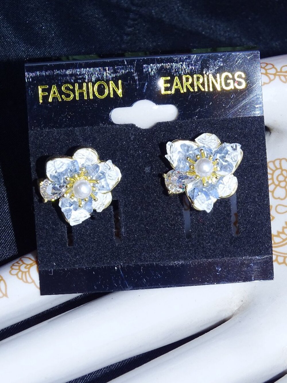 Fantastic Ice Blue Floral Pierced Earrings with a Pearl and Crystal